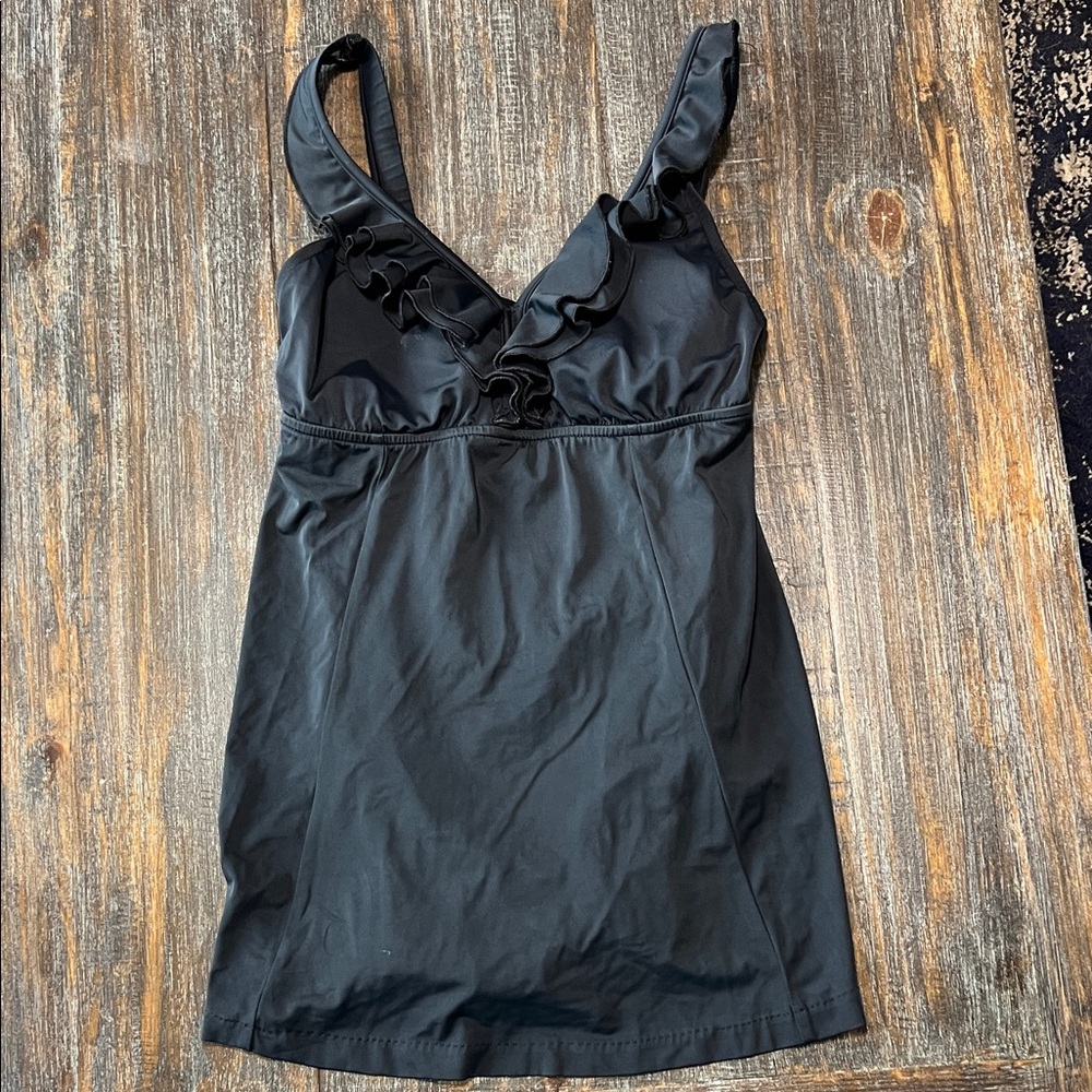 Maxine of Hollywood Black Ruffle V-Neck Swimdress